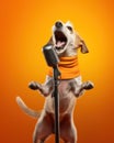 AI generated illustration of a dog performing a joyful song with a microphone