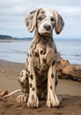 AI generated illustration of a dog sculpture made from driftwood on a beach