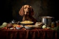 AI generated illustration of a dog sits in front of a table with various dishes