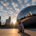 AI generated illustration of a dog sitting near artistic round sculpture reflecting nearby cityscape