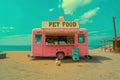 AI-generated illustration of a dog sitting next to a food truck on the beach Royalty Free Stock Photo