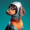 AI generated illustration of a dog wearing a silver-colored futuristic helmet on its head Royalty Free Stock Photo