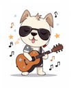AI generated illustration of a dog wearing sunglasses strumming a guitar while singing a melody
