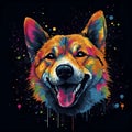 AI Generated Illustration Of A Dog&#x27;s Face With Brightly Colored Paint Splattered