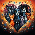 AI-generated illustration of dogs inside a heart-shaped flower arrangement