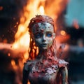 AI generated illustration of a doll amidst a pile of debris in front of blazing flames