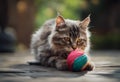 a cat is playing with a ball on a patio area