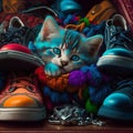 AI generated illustration of a a domestic cat curled up and resting on a pile of assorted shoes