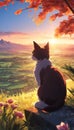 AI generated illustration of a domestic cat perched on a rock, framed by a magnificent sunset