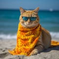 AI generated illustration of a domestic cat in the sun, wearing a pair of stylish sunglasses