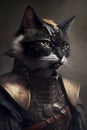 AI generated illustration of a domestic cat wearing a knight costume complete with a helmet