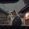 AI generated illustration of a domestic feline atop a wooden fence in the rain