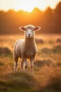 AI generated illustration of a domestic sheep standing in an open, grassy field at sunset