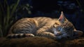 AI generated illustration of a domestic shorthair tabby cat taking a nap in a garden setting Royalty Free Stock Photo