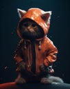 the cat is dressed as an orange raincoat with hood