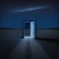 AI generated illustration of a door in a desert inviting viewers to explore the unknown