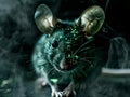 AI generated illustration of a double-exposure photography of a robot mouse with green eyes