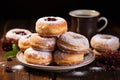 AI generated illustration of doughnuts on a white plate with a dark background