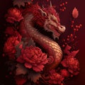 AI-generated illustration of a dragon isolated on a red floral background Royalty Free Stock Photo
