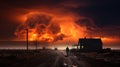 an orange storm over a building and street in the foreground