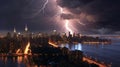 AI generated illustration of a dramatic electrifying jagged lightning bolt over a dark city