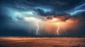 AI generated illustration of a dramatic night sky with a lightning bolt illuminating the desert Royalty Free Stock Photo