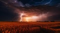 AI generated illustration of a dramatic sky filled with large cloud looming over a vast wheat field