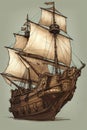 AI-generated illustration of a drawing of an aged wooden sailing vessel. Royalty Free Stock Photo