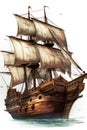 AI-generated illustration of a drawing of an aged wooden sailing vessel. Royalty Free Stock Photo