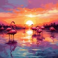 AI-generated illustration of a drawing of a flock of pink flamingos standing in a shallow lake