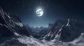 AI generated illustration of a dreamy aerial shot of a crescent moon and snow-capped mountains