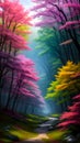 Fantasy colourfull trippy forest with a rocky path
