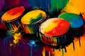 AI generated illustration of drums splashes with colorful paint