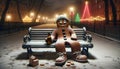 AI generated illustration of a drunk, homeless gingerbread cookie sitting on a bench on Chrismtas