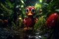 AI generated illustration of a duck with strawberry skin wandering in a forest