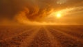 AI generated illustration of a dust cloud on horizon above desolate field Royalty Free Stock Photo