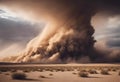 AI generated illustration of a dust cloud rising above sandy dunes