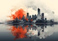 AI generated illustration of a dynamic cityscape with bright orange flames in the background