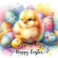 AI generated illustration of an Easter card with a baby chick standing alongside decorated eggs Royalty Free Stock Photo