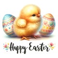 AI generated illustration of an Easter card with a baby chick standing alongside decorated eggs