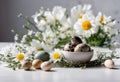 easter eggs with small hens in the center and flowers on the table