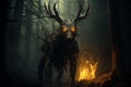 AI generated illustration of an eerie, dark animal with horns in a forest