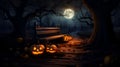 AI generated illustration of an eerie dark park with a wooden bench with carved lit pumpkins Royalty Free Stock Photo