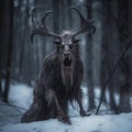 AI generated illustration of an eerie mythical creature with horns in a wintery wooded landscape