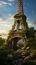 AI generated illustration of the Eiffel Tower with moss and shrubs growing on it