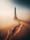 AI generated illustration of the Eiffel tower standing alone in a vast desert landscape Royalty Free Stock Photo