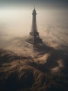 AI generated illustration of the Eiffel tower standing alone in a vast desert landscape Royalty Free Stock Photo