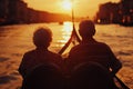 AI-generated illustration of an elderly couple in a gondola, sightseeing in Venice at golden hour Royalty Free Stock Photo