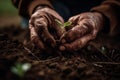 AI generated illustration of an elderly farmer stooping down in a field, sowing a small sprout