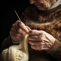AI generated illustration of an elderly woman in a comfortable knit sweater with knitting needles